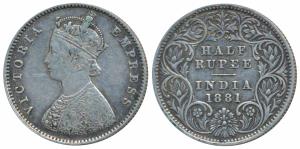 Victoria Empress, Silver ½ Rupee, 1881, Calcutta Mint, A / I / C incuse, (Prid 265). About