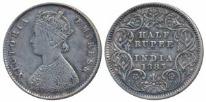 Victoria Empress, Silver ½ Rupee, 1883, Calcutta Mint, A / I / C incuse (Prid 267). About 