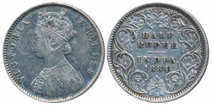 Victoria Empress, Silver ½ Rupee, 1884, Calcutta Mint, A / I / C incuse (Prid 268). Very F
