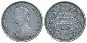 Victoria Empress, Silver ½ Rupee, 1887, Calcutta Mint, A / I / C incuse (Prid 271). About 
