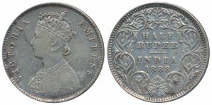 Victoria Empress, Silver ½ Rupee, 1888, Calcutta Mint, A / I / C incuse (Prid 271). About 