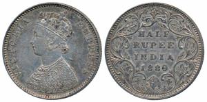 Victoria Empress, Silver ½ Rupee, 1889, Bombay Mint, A / II / B raised (Prid 299). About E