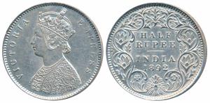 Victoria Empress, Silver ½ Rupee, 1892, Calcutta Mint, A / I / C incuse (Prid 276). About 