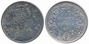 Victoria Queen, Silver Rupee, 1874, Bombay Mint, A2 / II / No mint mark, (Prid 142). About