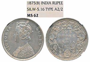 Victoria Queen, Silver Rupee, 1875, Bombay Mint, A2 / II / dot (Prid 146). Graded by NGC M