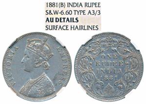 Victoria Empress, Silver Rupee, 1881, Bombay Mint, A3 / IV / dot, (Prid 157). Graded by NG