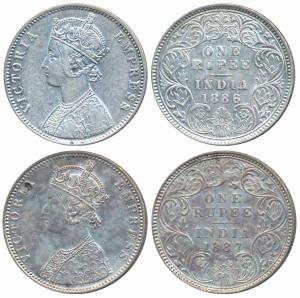 Victoria Empress, Silver Rupee, 1886, Calcutta Mint, A4 / I / C incuse (Prid 126); 1887, B