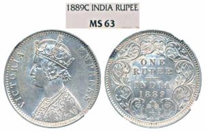 Victoria Empress, Silver Rupee, 1889, Calcutta Mint, C3 / I / C incuse (Prid 130). Graded 