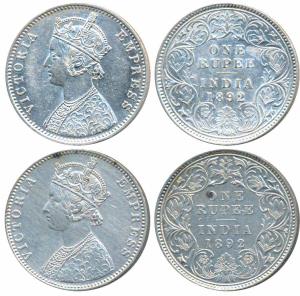 Victoria Empress, Silver Rupee, 1892, Bombay Mint, C2 / I / B raised (Prid 180); 1892, Cal