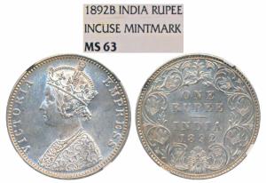 Victoria Empress, Silver Rupee, 1892, Bombay Mint, C2 / I / B incuse (Prid 181). Graded by