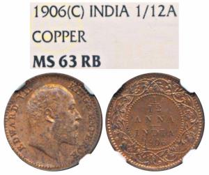 Edward VII, Copper 1/12 Anna, 1906, Calcutta Mint (Prid 821). Graded by NGC MS63RB.