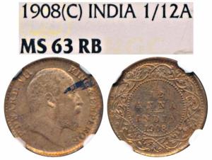 Edward VII, Copper 1/12 Anna, 1908, Calcutta Mint (Prid 824). Graded by NGC MS63RB.