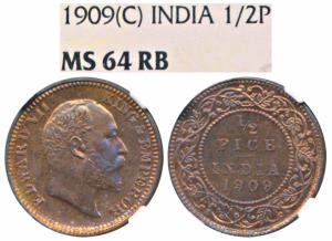 Edward VII, Copper ½ Pice, 1909, Calcutta Mint (Prid 743). Graded by NGC MS64RB.