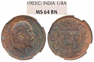 Edward VII, Bronze ¼ Anna, 1903, Calcutta Mint (Prid 646). Graded by NGC MS64BN.