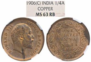 Edward VII, Copper ¼ Anna, 1906, Calcutta Mint (Prid 650). Graded by NGC MS63RB.