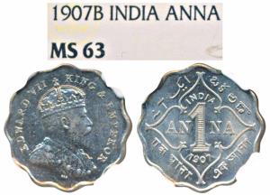 Edward VII, Cupro-Nickel Anna, 1907, Bombay Mint, B incuse, (Prid 926). Graded by NGC MS63