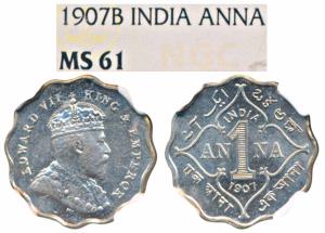 Edward VII, Cupro-Nickel Anna, 1907, Bombay Mint, B incuse, (Prid 926). Graded by NGC MS61
