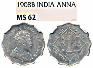 Edward VII, Cupro-Nickel Anna, 1908, Bombay Mint, B incuse (Prid 927). Graded by NGC MS62.