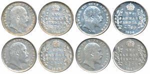 Edward VII, Silver 2 Annas, 1903, 1904, 1905 & 1907, Calcutta Mint (Prid 556, 557, 558 & 5