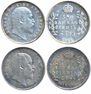 Edward VII, Silver 2 Annas, 1908 & 1910, Calcutta Mint (Prid 561 & 563). Extremely Fine an