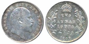 Edward VII, Silver 2 Annas, 1909, Calcutta Mint (Prid 562). Extremely Fine.