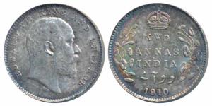 Edward VII, Silver 2 Annas, 1910, Bombay Mint, Unlisted in Pridmore. Very Fine+.