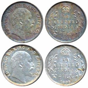 Edward VII, Silver ¼ Rupee, 1904 & 1905, Calcutta Mint (Prid 433 & 434). About Uncirculate