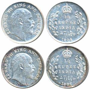 Edward VII, Silver ¼ Rupee, 1906 & 1907, Calcutta Mint (Prid 435 & 436). About Uncirculate