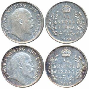 Edward VII, Silver ¼ Rupee, 1908, Calcutta Mint (Prid 437); 1910, Bombay Mint, Unlisted in