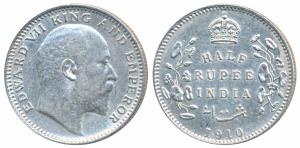 Edward VII, Silver ½ Rupee, 1910, Calcutta Mint (Prid 314). Very Fine+.