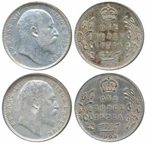 Edward VII, Silver Rupee, 1907 & 1908, Bombay Mint (Prid 203 & 204). Very Fine+. (2)