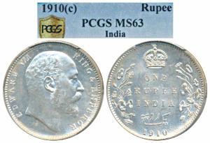 Edward VII, Silver Rupee, 1910, Calcutta Mint (Prid 196). Graded by PCGS MS63.