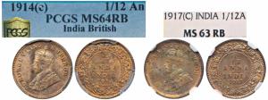George V, Copper 1/12 Anna, 1914 & 1917, Calcutta Mint (Prid 829 & 832). Graded by PCGS MS