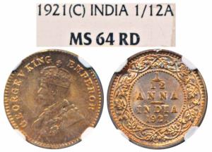 George V, Copper 1/12 Anna, 1921, Calcutta Mint (Prid 836). Graded by NGC MS64RD.