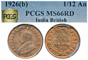 George V, Copper 1/12 Anna, 1926, Bombay Mint (Prid 854). Graded by PCGS MS66RD.
