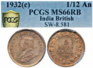 George V, Copper 1/12 Anna, 1932, Calcutta Mint (Prid 846). Graded by PCGS MS66RB.