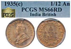 George V, Copper 1/12 Anna, 1935, Calcutta Mint (Prid 849). Graded by PCGS MS66RD.