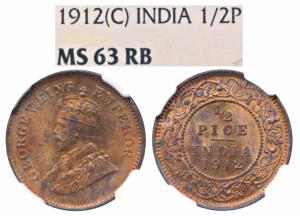 George V, Copper ½ Pice, 1912, Calcutta Mint (Prid 745). Graded by NGC MS63RB.