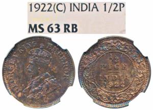 George V, Copper ½ Pice, 1922, Calcutta Mint (Prid 755). Graded by NGC MS63RB.