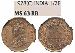 George V, Copper ½ Pice, 1928, Calcutta Mint (Prid 761). Graded by NGC MS63RB.