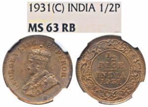 George V, Copper ½ Pice, 1931, Calcutta Mint (Prid 764). Graded by NGC MS63RB.