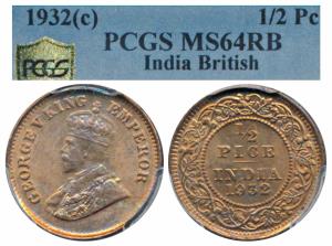 George V, Copper ½ Pice, 1932, Calcutta Mint (Prid 765). Graded by PCGS MS64RB.