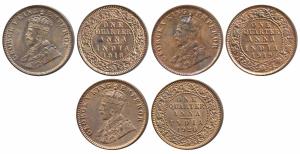 George V, Copper ¼ Anna, 1918, 1919 & 1920, Calcutta Mint (Prid 663, 664 & 665). Uncircula