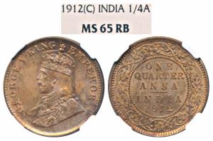 George V, Copper ¼ Anna, 1912, Calcutta Mint (Prid 658). Graded by NGC MS65RB.