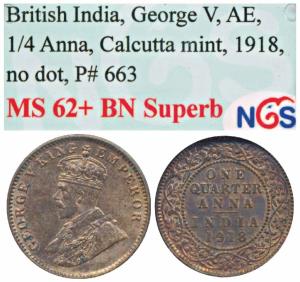George V, Copper ¼ Anna, 1918, Calcutta Mint (Prid 663). Graded by NGS India MS62+ BN Supe