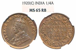 George V, Copper ¼ Anna, 1920, Calcutta Mint (Prid 665). Graded by NGC MS65RB.