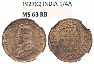 George V, Copper ¼ Anna, 1927, Calcutta Mint (Prid 668). Graded by NGC MS63RB.
