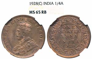 George V, Copper ¼ Anna, 1928, Calcutta Mint (Prid 669). Graded by NGC MS65RB.