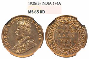 George V, Copper ¼ Anna, 1928, Bombay Mint (Prid 681). Graded by NGC MS65RD.