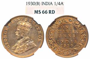 George V, Copper ¼ Anna, 1930, Bombay Mint (Prid 682). Graded by NGC MS66RD.